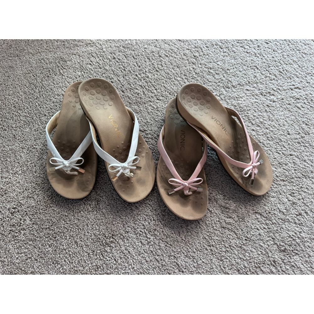 LOT of 2 Pairs Vionic Thong Sandals Pink & White Orthopedic Bella II Size 6 Bow